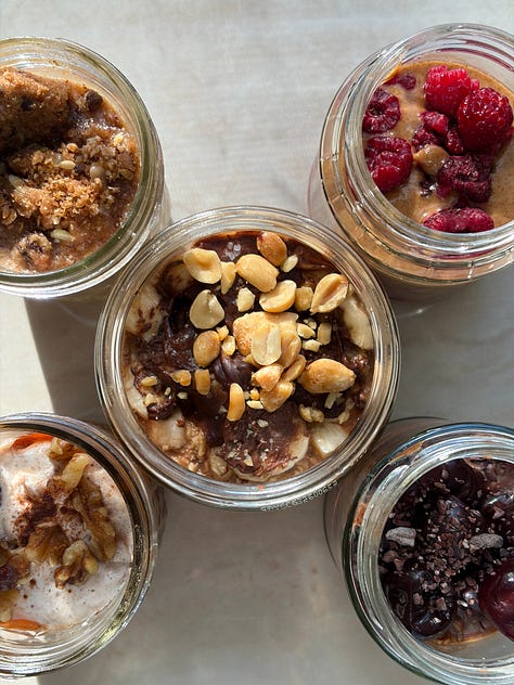 overnight oats, sun-dried tomato salmon power bowl, cabbage stir fry, red rice nourish bowl, salmon wrap, green smoothie, autumn harvest salad, lentil tacos, brownie bite energy balls