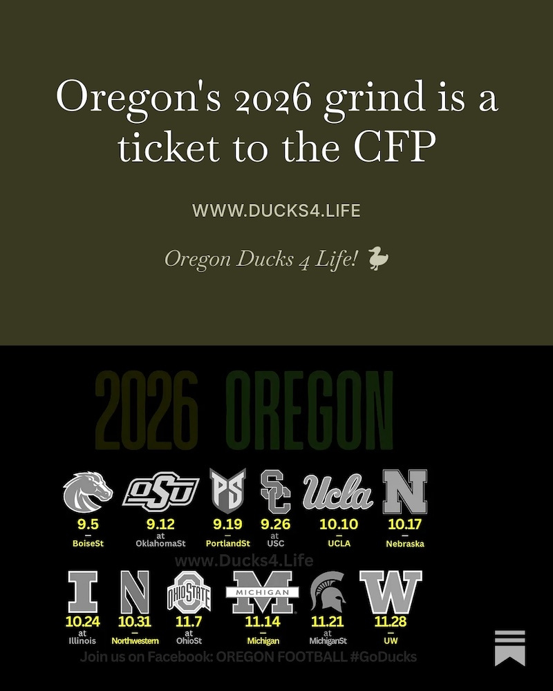 2026 Oregon Ducks football schedule graphic featuring Boise State, Oklahoma State, USC, UCLA, Nebraska, Ohio State, Michigan, Michigan State and Washington. Deals on seats, fan gear, and premium Oregon Ducks football coverage at www.Ducks4.Life 2026 Oregon Ducks football schedule graphic featuring Boise State, Oklahoma State, USC, UCLA, Nebraska, Ohio State, Michigan, Michigan State and Washington. Deals on seats, fan gear, and premium Oregon Ducks football coverage at www.Ducks4.Life