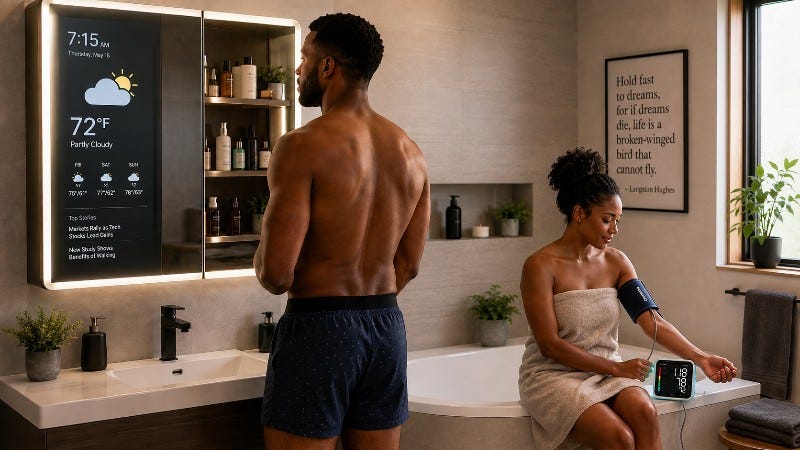 Woman checks her blood pressure with a smart BP monitor while a man checks the weather from a smart medicine cabinet. Woman checks her blood pressure with a smart BP monitor while a man checks the weather from a smart medicine cabinet.