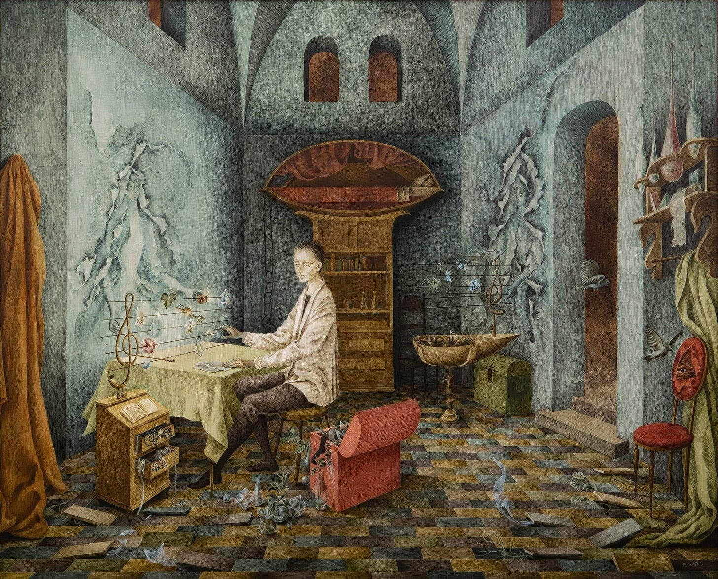 two figures appear to emerge from the walls in a room where another sitter puts objects on a musical staff