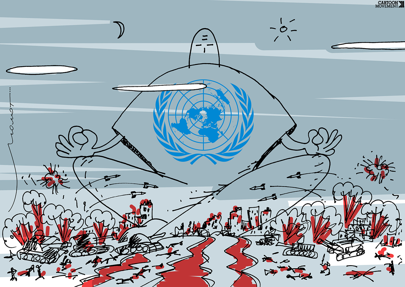 Cartoon showing a large silhouette of a man with a UN logo on his chest sitting  and meditating. He is sitting among the ruins of war, with bombs exploding and buildings on fire.