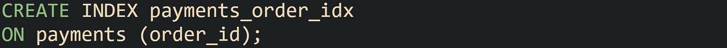 CREATE INDEX payments_order_idx ON payments (order_id); CREATE INDEX payments_order_idx ON payments (order_id);