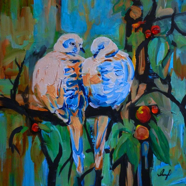 Painting of 2 doves snuggling close to each other on a branch, by Cheryl O Art