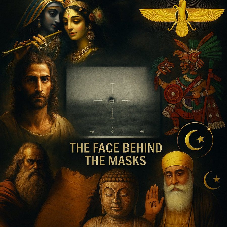 Krishna playing a flute, Jesus with long hair and a beard, a Buddha statue, Guru Nanak with a beard and turban raising a hand, an Aztec figure with a feathered headdress and shield, a crescent moon with a star, a golden eagle, and a blurry image with crosshairs. Text overlay reads "THE FACE BEHIND THE MASKS".