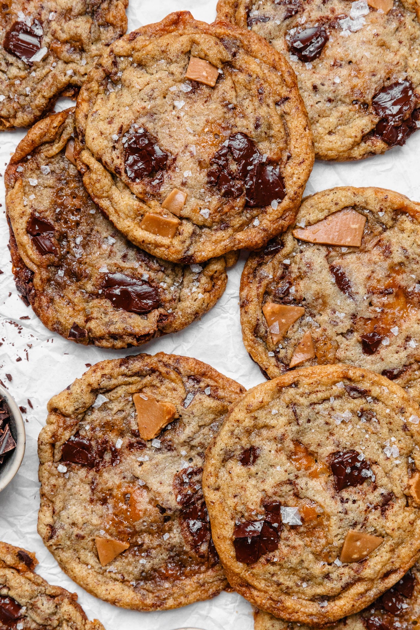 Close up shot of vegan toffee chocolate chunk cookies