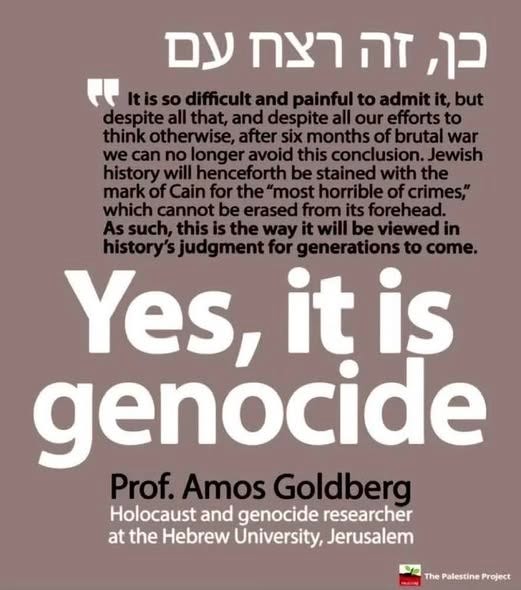 May be an image of ‎text that says '‎עם רצח זה כן, difficult and painful to admitit, but despiteall that, anddespiteall and efforts thinkotherwise, after sixmonthsofbrutal war we can no longer avoid this conclusion.Je henceforth be stained with mark markofCainfor "most horri which cannot| erased from As Assuch, Assuch,thisisthewayi itwillbev generationsto come. Yes, it is genocide Prof. Amos Goldberg Holocaust and genocide researcher at the Hebrew University, Jerusalem The Palestine ThePalestineProject Project‎'‎