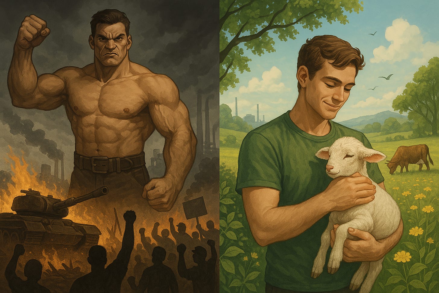 "True Strength Lies in Compassion" A stark contrast between two worlds—one fueled by aggression and domination, the other by empathy and sustainability. Rejecting toxic masculinity, this image challenges the myth that power comes from oppression, proving that real strength is found in protecting the vulnerable and nurturing a just world. "True Strength Lies in Compassion" A stark contrast between two worlds—one fueled by aggression and domination, the other by empathy and sustainability. Rejecting toxic masculinity, this image challenges the myth that power comes from oppression, proving that real strength is found in protecting the vulnerable and nurturing a just world.