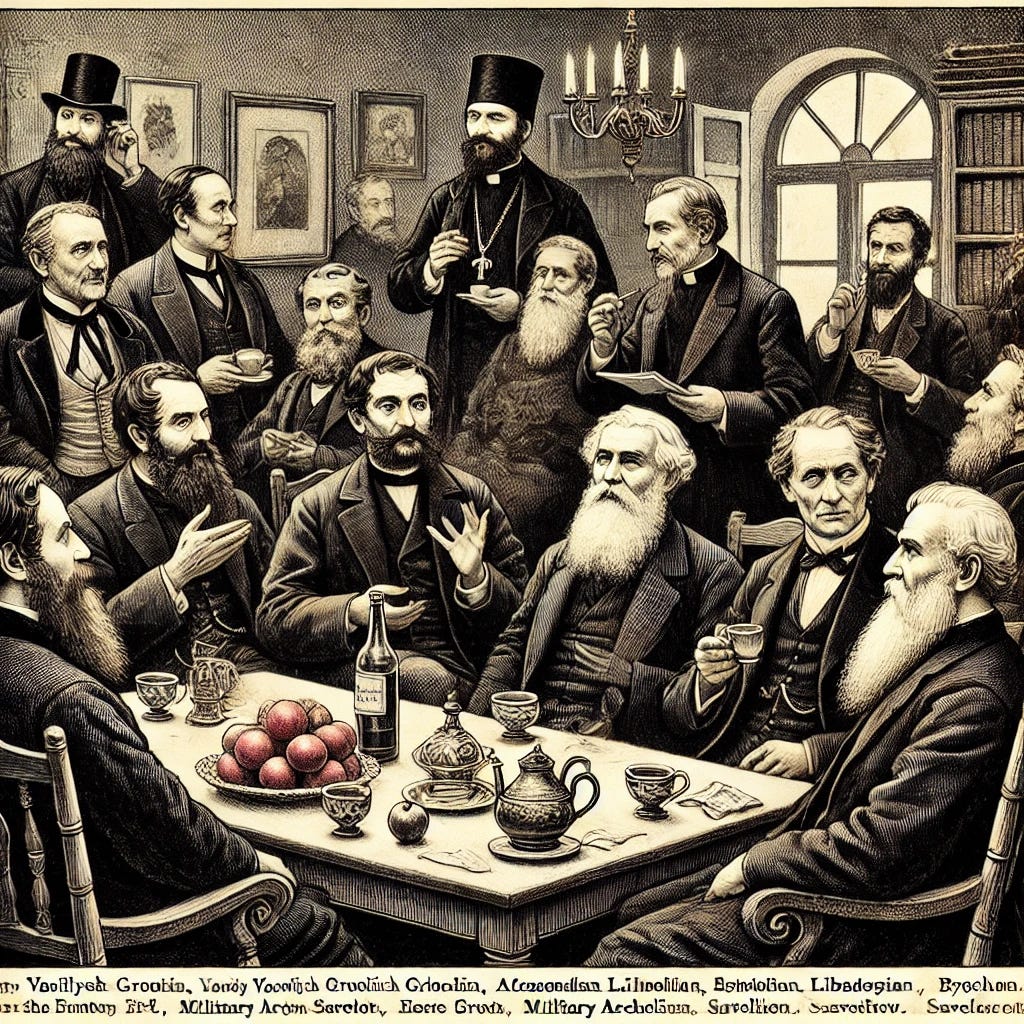 An 1800s newspaper-style drawing depicting an intellectual gathering at the home of I. P. Kornilov on a Saturday evening. The setting is a richly furnished parlor with men in formal 19th-century attire, some with beards and mustaches, engaged in discussion. Among them are Vasily Vasilyevich Grigoriev, Alexander Lvovich Opukhtin, Bychkov the librarian, academician Grot, military archaeologist Saveliev, and other notable figures. St. Nicholas of Japan, age 44, is also present, wearing plain black priest robes. He is seated or standing among the intellectuals, contributing to the discussion or observing the conversations. They are gathered around a table with tea, apples, grapes, and tobacco smoke filling the air. Some are gesturing passionately while discussing political issues, including Poland and Russia’s state affairs. The atmosphere is intellectual yet somber, with a sense of dissatisfaction among the men. The host, I. P. Kornilov, appears amiable but absentminded. The illustration is detailed with fine lines, cross-hatching, and shading, evoking the style of 19th-century newspaper engravings. The bottom text is completely removed, leaving only the illustrated scene.