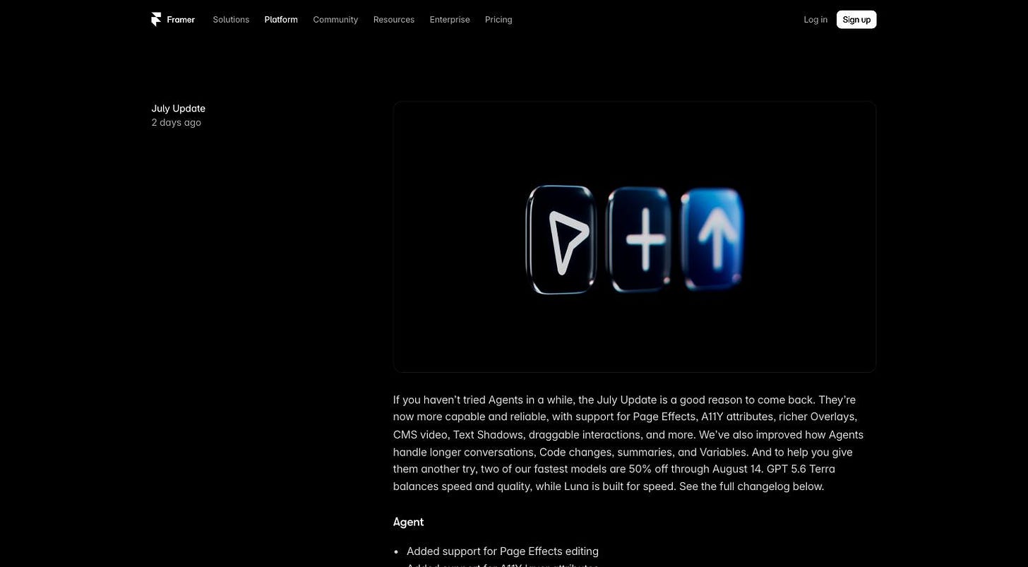 Screenshot of Framer's Updates page: the July Update post from two days ago, with three glossy app icons and text noting two of its fastest models are 50 percent off through August 14.