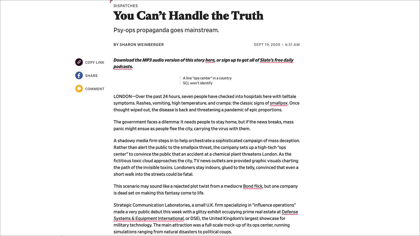 Screenshot of 2005 Slate article on SCL smallpox psyop simulation