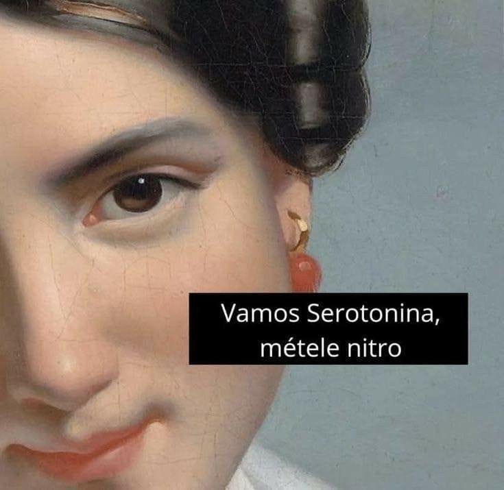 This may contain: a close up of a woman's face with the words vamos serotonia, metele niro