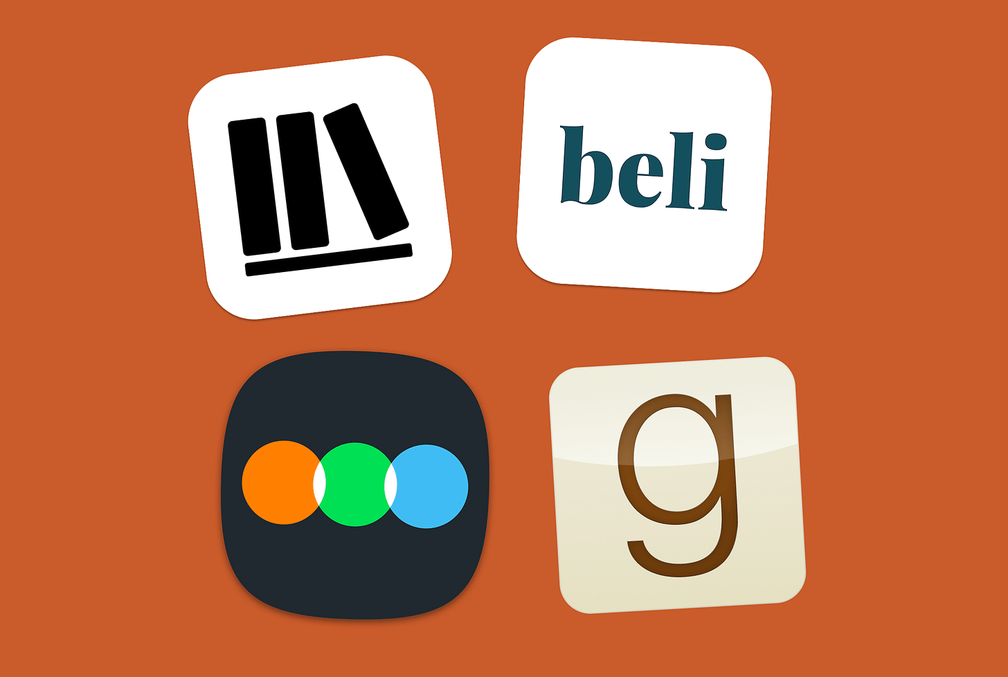 4 apps overlayed on an orange background; top left: storygraph, top right: beli, bottom left: letterboxd, bottom right: goodreads 4 apps overlayed on an orange background; top left: storygraph, top right: beli, bottom left: letterboxd, bottom right: goodreads