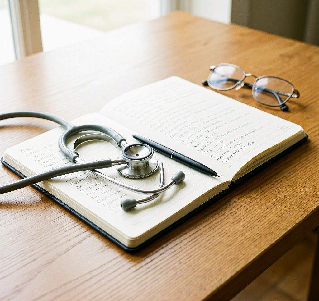A quiet physician’s desk in soft light with an open notebook, stethoscope, pen, and glasses, suggesting a doctor pausing to think and write between patients.