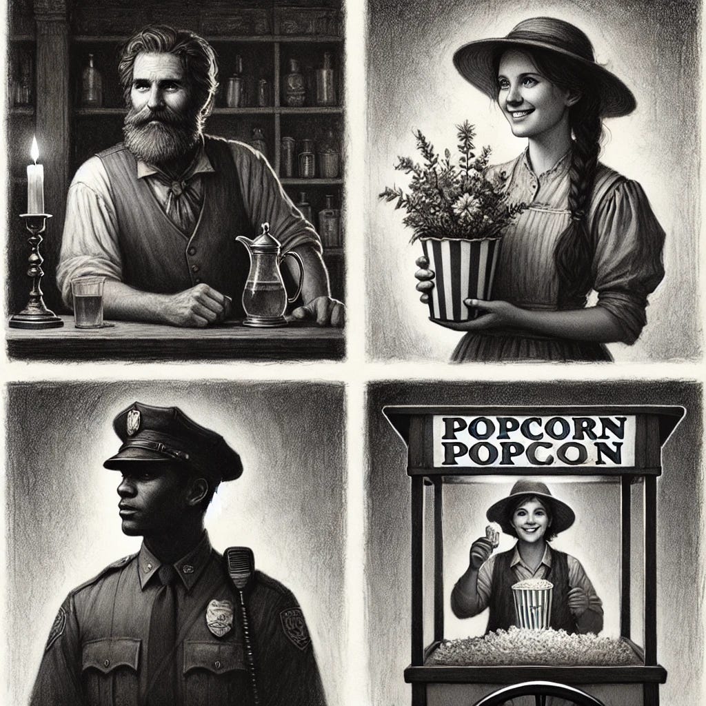 A graphite and charcoal illustration featuring four separate portrait-style panels, each depicting a different everyday character: 
1. An innkeeper, rugged and welcoming, standing behind a wooden counter with a warm but knowing expression.
2. A flower vendor, a gentle and cheerful woman holding a small bouquet, with delicate shading emphasizing her kindness.
3. A police officer, standing firm and authoritative, with a sharp uniform and a watchful gaze.
4. A popcorn vendor, a lively figure standing by a cart, surrounded by the faint aroma of freshly made popcorn, with soft shading adding a nostalgic feel.
Each portrait is in a separate frame, using high-contrast graphite and charcoal shading to emphasize personality and storytelling.