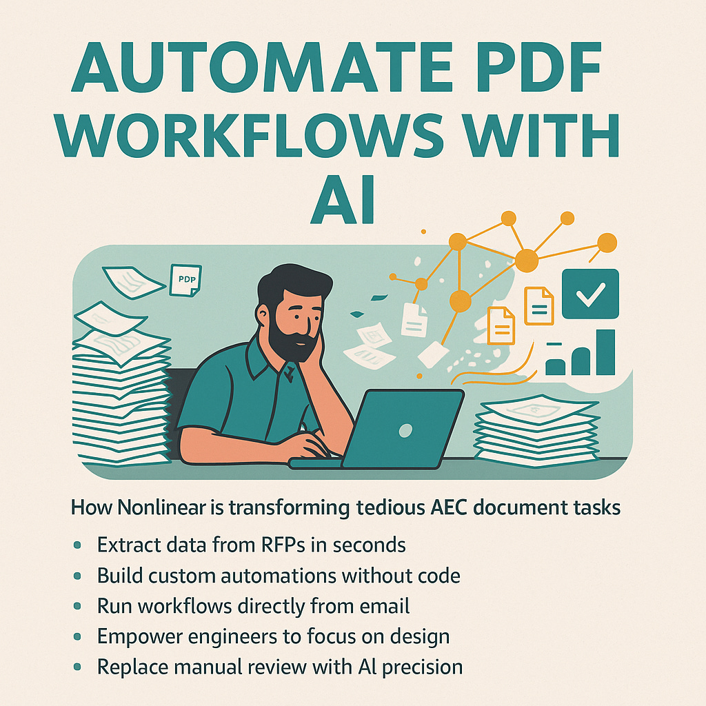 Image showing a civil engineer using AI to automate PDF workflows, turning piles of paper into organized digital checkmarks and charts.