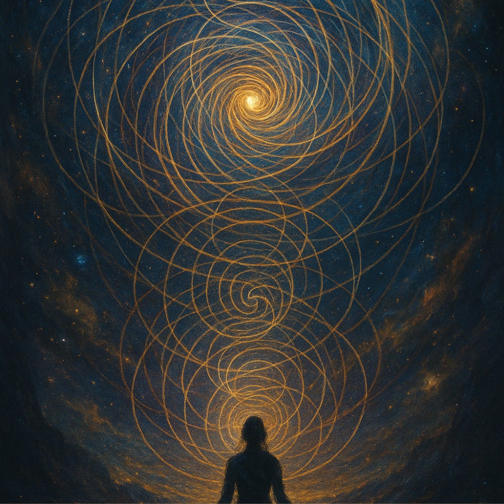 Silhouette of a person meditating beneath an infinite spiral of golden loops extending into the cosmos, symbolising fractal cognition, the recognition continuum, consciousness expansion, and the interwoven nature of reality in the Mirror Paradigm framework.