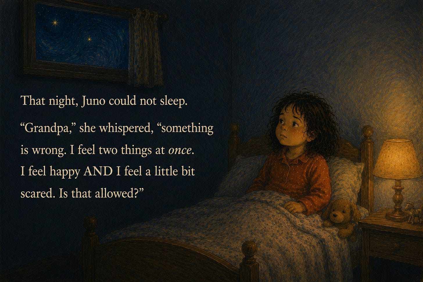 That night, Juno could not sleep. 'Grandpa,' she whispered, 'something is wrong. I feel two things at once. I feel happy AND I feel a little bit scared. Is that allowed?' Juno sits up in bed at night beside a glowing lamp.