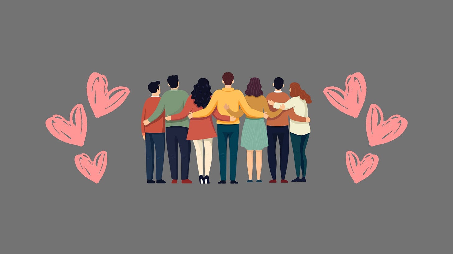 In the center are seven people, their backs to us, arms around each other. On either side are floating red hearts. In the center are seven people, their backs to us, arms around each other. On either side are floating red hearts.