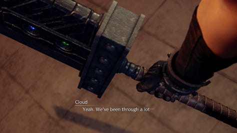 Cloud suffers from another memory glitch when they talk about the buster sword.