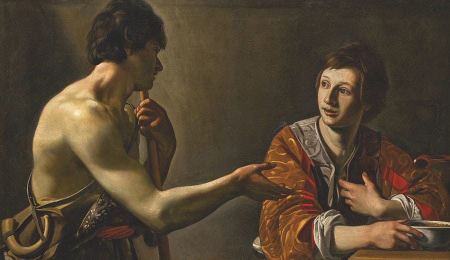 Esau selling his Birthright to Jacob for a Pottage of Lentils by Nicolas  Tournier