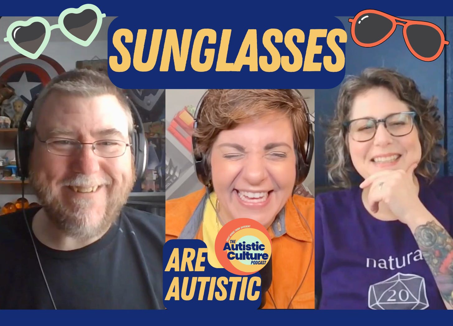 Two autistic podcast hosts, Dr. Angela Lauria and Matt Lowry, LPP, are joined by Becca Lory Hector, autistic author for a podcast interview. The title is called: Sunglasses are autistic. Two autistic podcast hosts, Dr. Angela Lauria and Matt Lowry, LPP, are joined by Becca Lory Hector, autistic author for a podcast interview. The title is called: Sunglasses are autistic.