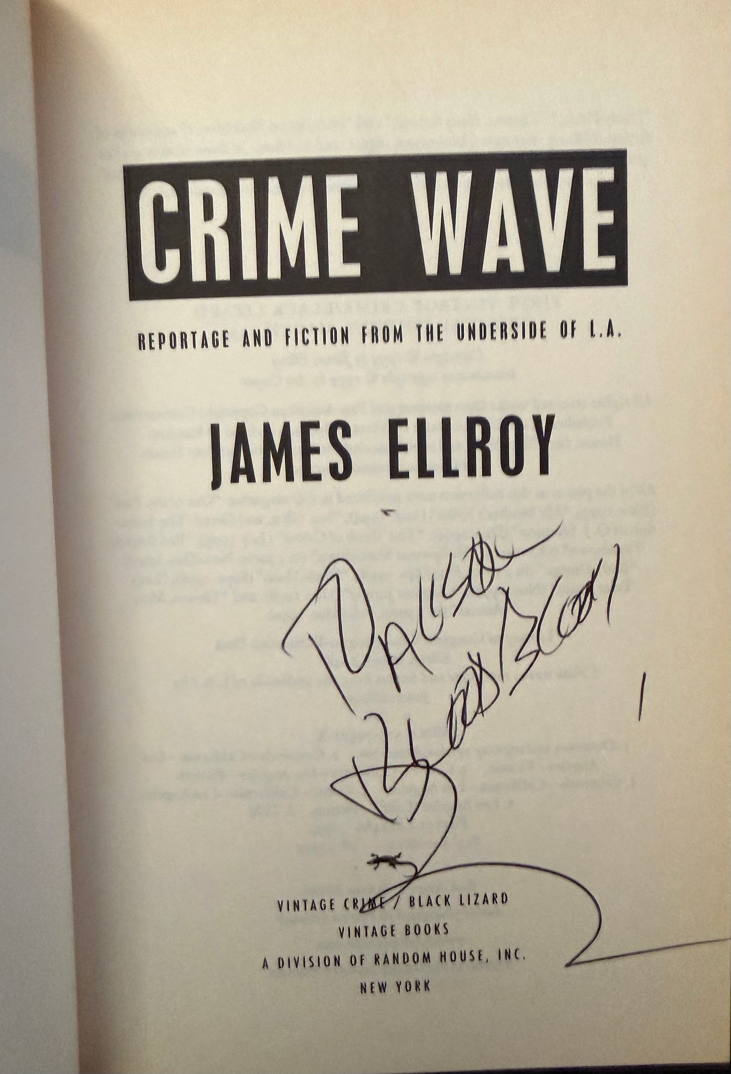 Title page of "Crime Wave," signed "To Allison, Blood Bloom! James Ellroy"