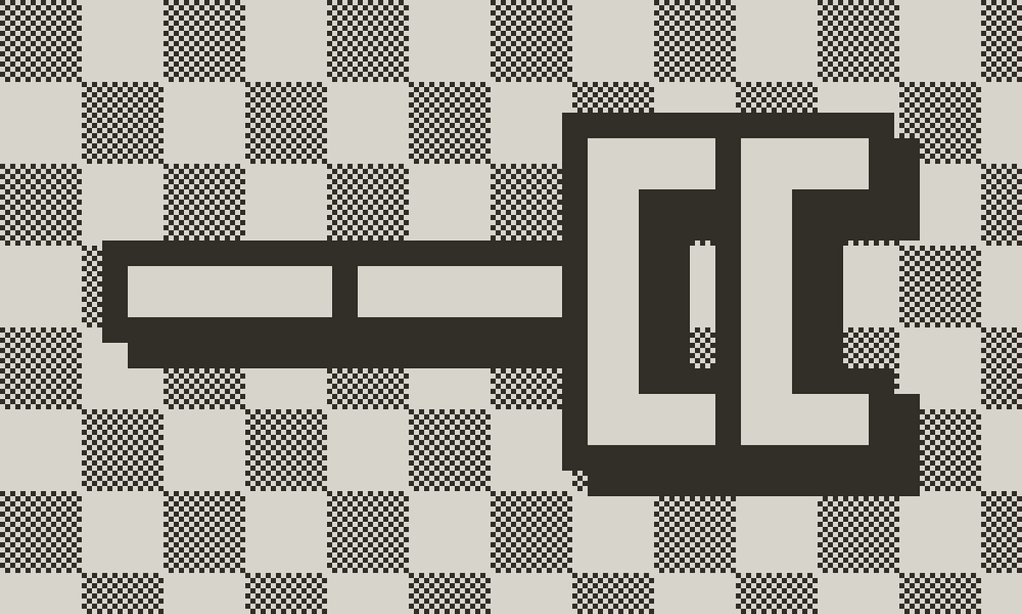 A checkerboard background 1-bit drawing. The foreground is the symbols --[[ the same symbol to start a block comment in Lua