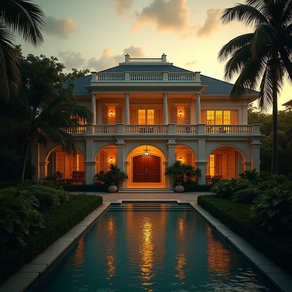 Elegant Jamaican mansion with lush tropical surroundings, warm sunset glow casting long shadows across the facade