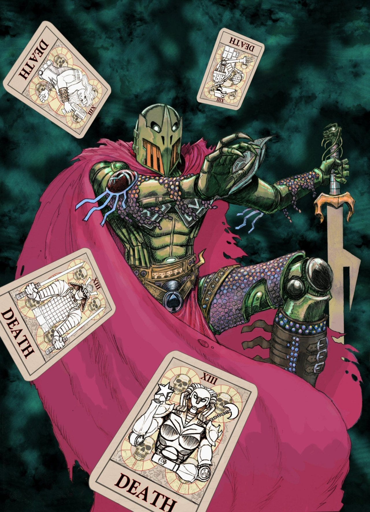 Deadlock and the Death Tarot, artwork by an unidentified artist, featuring Deadlock from 2000 AD's ABC Warriors. Character created by Pat Mills and Kevin O'Neill. Deadlock and the Death Tarot, artwork by an unidentified artist, featuring Deadlock from 2000 AD's ABC Warriors. Character created by Pat Mills and Kevin O'Neill.