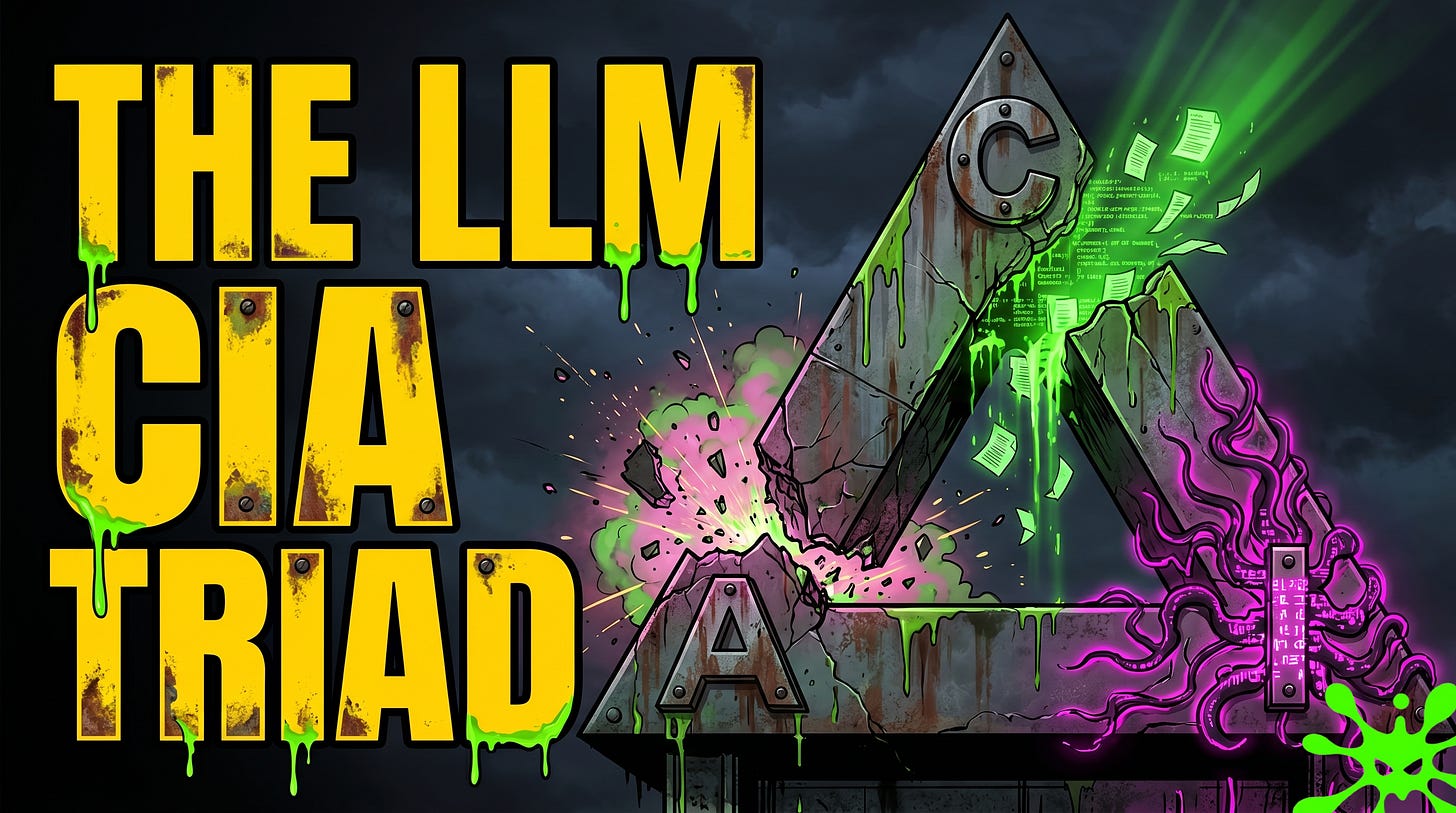 CIA triad LLM security framework showing confidentiality, integrity, and availability failures in real-world AI attacks including prompt injection, training data poisoning, and model denial-of-service exploits.