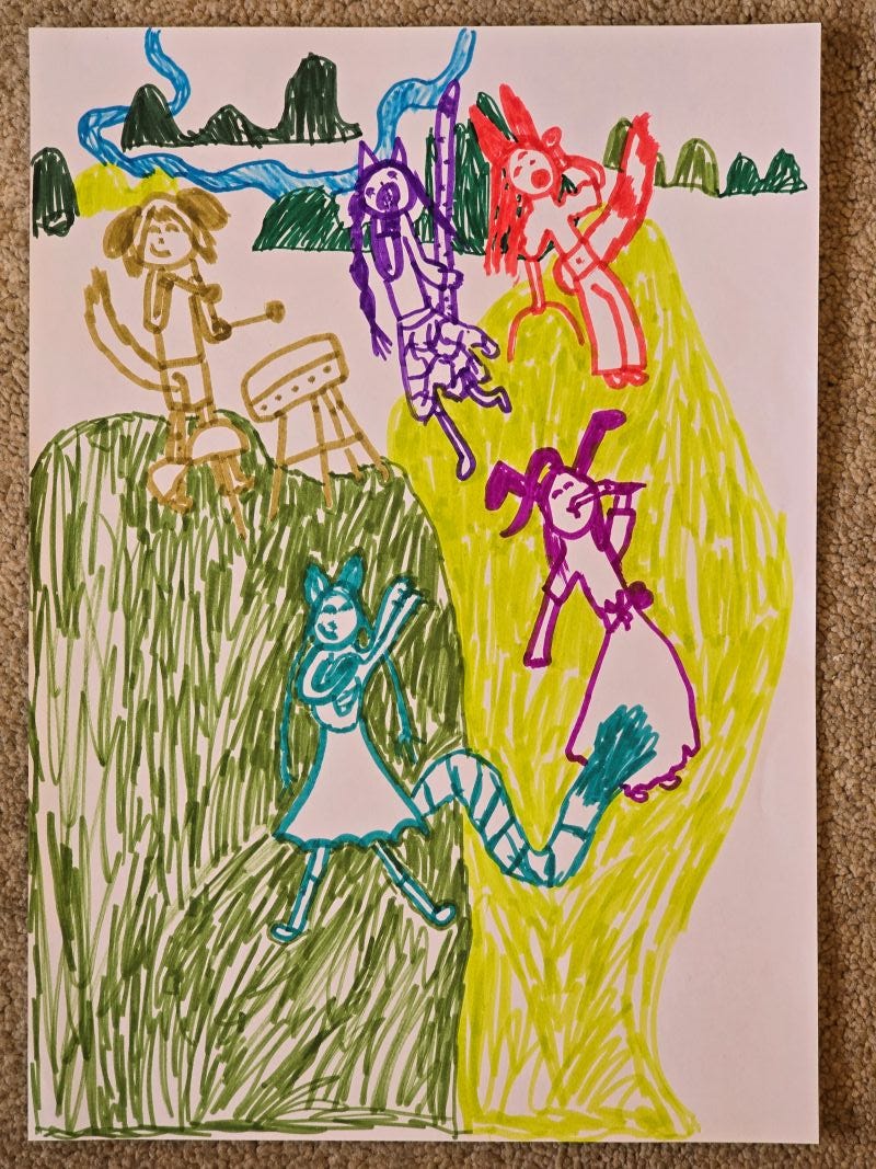 A child's drawing of 5 animal-girls singing