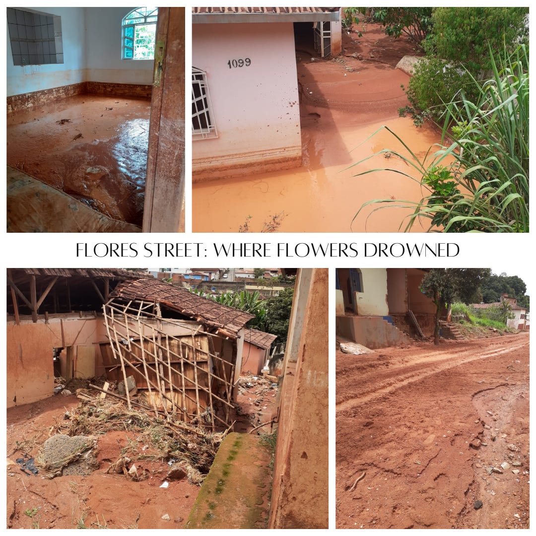 ALT Text English: "Four photos of flood destruction on Flores Street: two of grandmother's flooded house (interior and exterior), and two of neighboring properties showing flooded street and collapsed structures." ALT Text Portuguese: "Quatro fotos de destruição por enchente na Rua Flores: duas da casa da avó alagada (interior e exterior), e duas de propriedades vizinhas mostrando rua inundada e estruturas desabadas." ALT Text English: "Four photos of flood destruction on Flores Street: two of grandmother's flooded house (interior and exterior), and two of neighboring properties showing flooded street and collapsed structures." ALT Text Portuguese: "Quatro fotos de destruição por enchente na Rua Flores: duas da casa da avó alagada (interior e exterior), e duas de propriedades vizinhas mostrando rua inundada e estruturas desabadas."