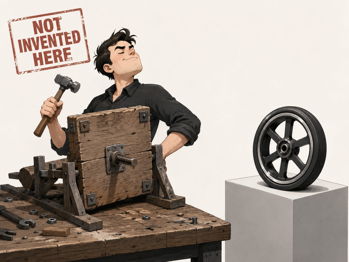 Proud engineer building a crude wooden wheel while ignoring a finished modern wheel beside him, under a “Not Invented Here” sign.
