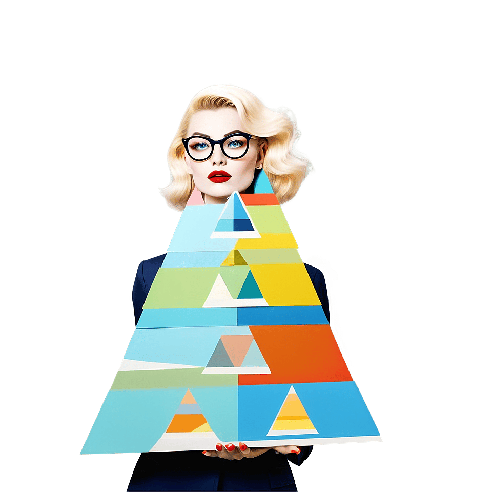 A woman balances a pyramid in an artful graphic A woman balances a pyramid in an artful graphic