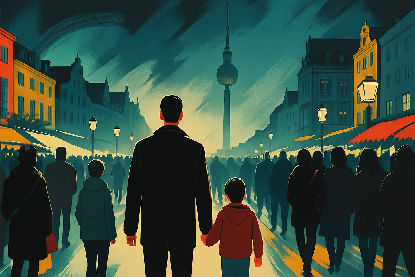 A father and son walking on a wide street filled with people. The Berlin TV Tower is visible in the background. A father and son walking on a wide street filled with people. The Berlin TV Tower is visible in the background.