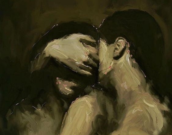 This may contain: a painting of two men embracing each other
