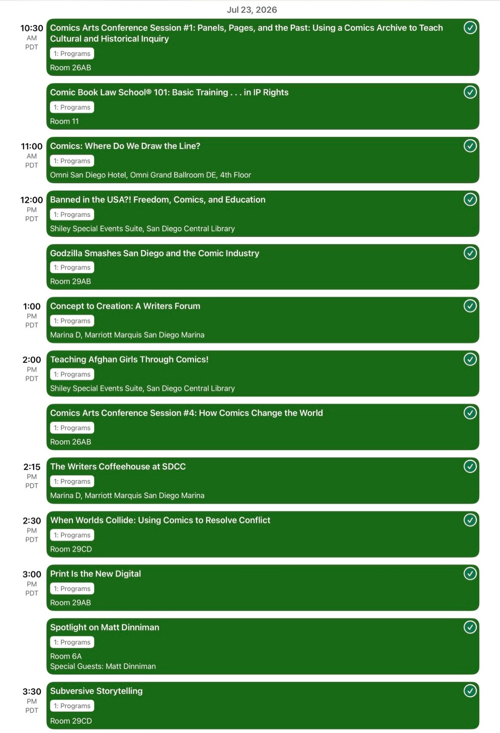 Screenshot of a Comic-Con daily schedule showing selected events.