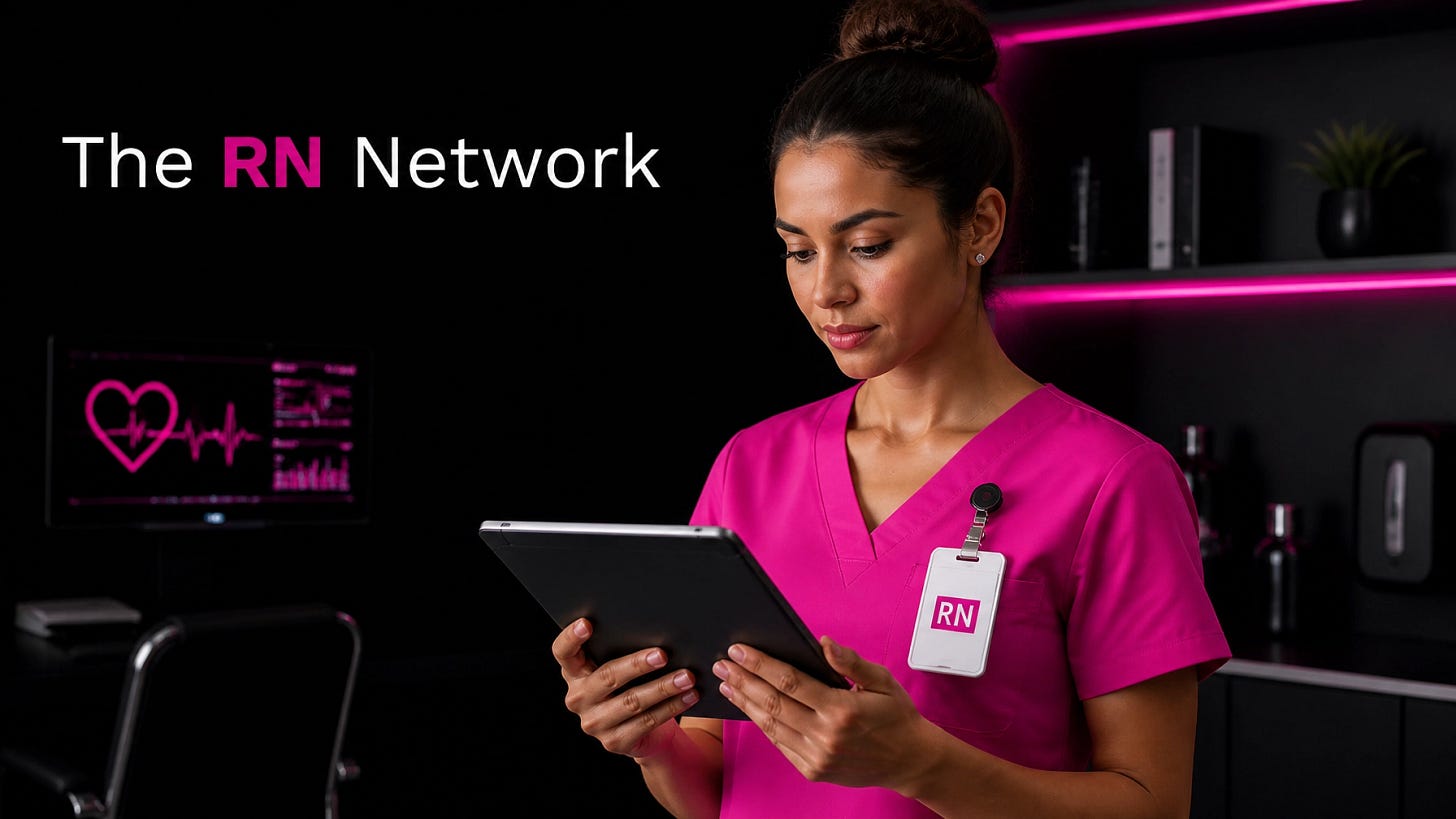 A registered nurse wearing pink scrubs and a professional ID badge focused on a tablet device