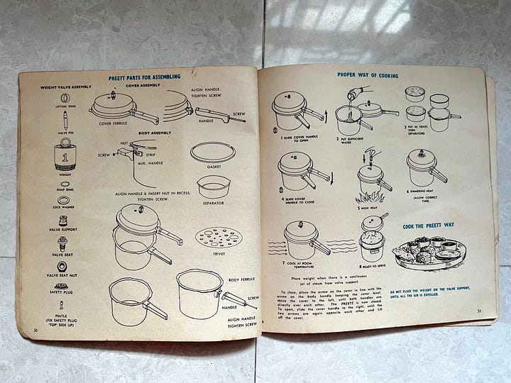 Pages from an old Preett Prestige instruction manual + recipe book