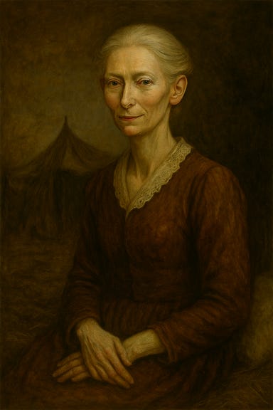 Morgantha, visually based on Tilda Swinton, stands at the edge of the Barovian refugee camp in her human disguise. She wears a shawl of faded plum and a long skirt dusted with flour, her silver hair pulled into a tight bun. Her eyes gleam with unsettling warmth, and her smile is wide—too wide. In one hand, she holds a basket of dream pastries, each glowing faintly with arcane residue. Behind her, mist curls around the tents and cookfires, and the looming walls of Vallaki rise in the distance. The atmosphere is eerie, maternal, and quietly predatory—capturing the moment before she offers her wares to Franz.