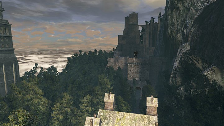 Screenshot of Bell Tower roof in Dark Souls showing the cloudy vista and sunshine rays through the clouds; a view of Bell Tower in Dark Souls