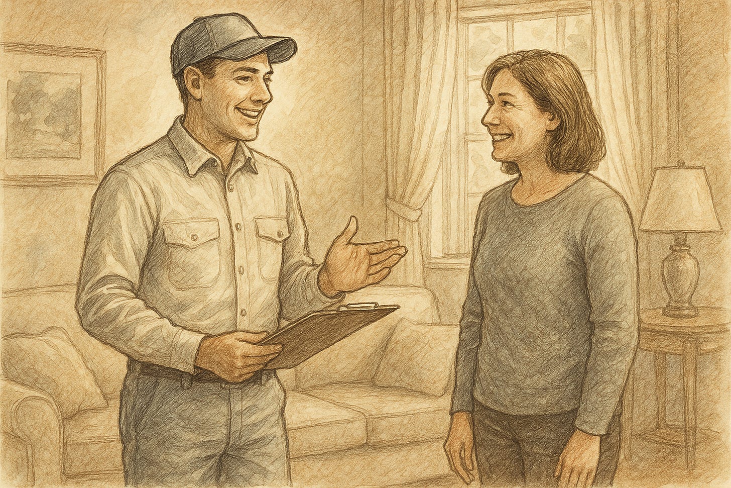 respectful service tech in customer living room respectful service tech in customer living room