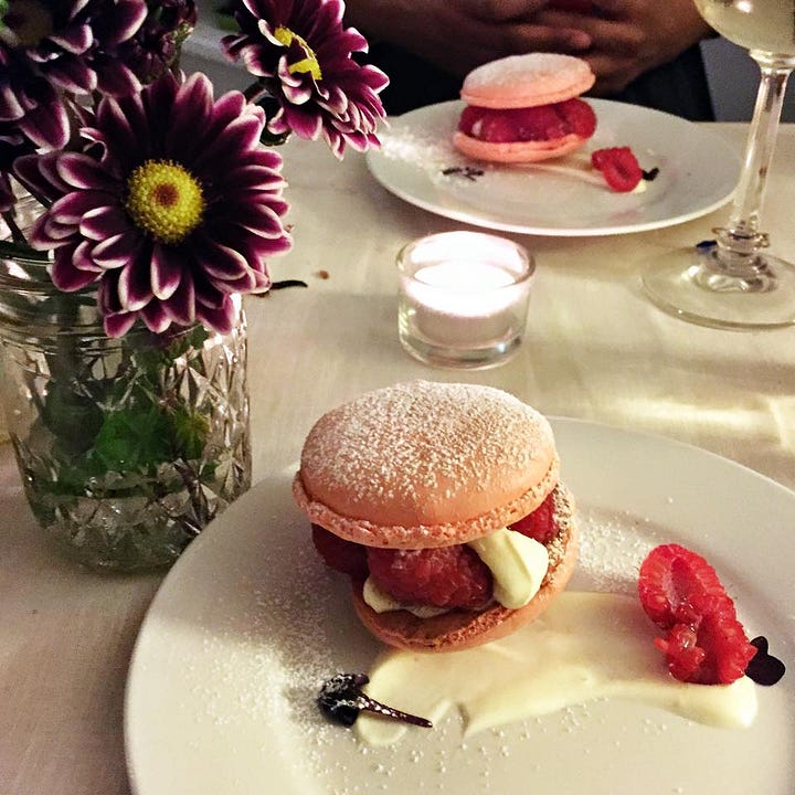 chunky carrot soup and raspberry rose macarons