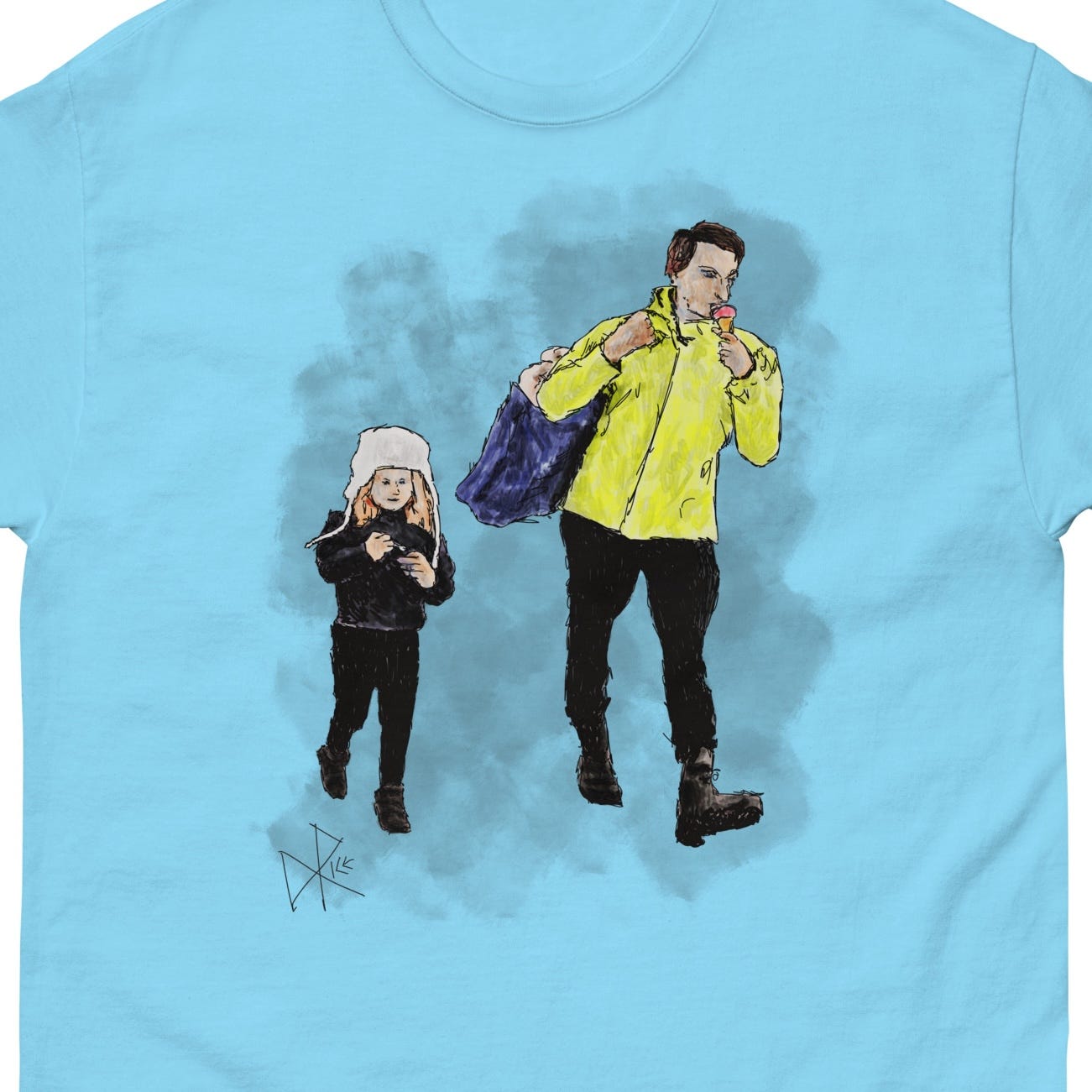 A father and young daughter, dressed for cold weather, walk through the mall while eating ice cream on the go. Sketch art by Don Rice. A father and young daughter, dressed for cold weather, walk through the mall while eating ice cream on the go. Sketch art by Don Rice.