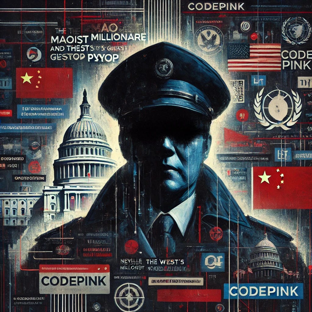 A high-quality digital collage-style cover image for a Substack article titled 'The Maoist Millionaire and the West’s Greatest Psyop.' The image should feature a dark, shadowy, and mysterious figure representing Neville Roy Singham, with his face completely obscured in darkness—no glowing eyes, just an ominous silhouette—blending into a web of interconnected media logos, protest scenes, and academic institutions, symbolizing influence and infiltration. Prominently included should be the logo of CODEPINK, integrated into the composition to emphasize its role in the narrative. The background should display a faded Chinese flag subtly overlaying Western landmarks like the U.S. Capitol and London’s Big Ben, emphasizing foreign influence. The composition should be rich in detail, with sharp, high-definition elements and a dramatic color scheme of deep reds and blues, enhancing the themes of secrecy, propaganda, and ideological warfare. The title 'The Maoist Millionaire and the West’s Greatest Psyop' should be prominently displayed in bold, modern typography, creating a striking and investigative exposé feel. A high-quality digital collage-style cover image for a Substack article titled 'The Maoist Millionaire and the West’s Greatest Psyop.' The image should feature a dark, shadowy, and mysterious figure representing Neville Roy Singham, with his face completely obscured in darkness—no glowing eyes, just an ominous silhouette—blending into a web of interconnected media logos, protest scenes, and academic institutions, symbolizing influence and infiltration. Prominently included should be the logo of CODEPINK, integrated into the composition to emphasize its role in the narrative. The background should display a faded Chinese flag subtly overlaying Western landmarks like the U.S. Capitol and London’s Big Ben, emphasizing foreign influence. The composition should be rich in detail, with sharp, high-definition elements and a dramatic color scheme of deep reds and blues, enhancing the themes of secrecy, propaganda, and ideological warfare. The title 'The Maoist Millionaire and the West’s Greatest Psyop' should be prominently displayed in bold, modern typography, creating a striking and investigative exposé feel.