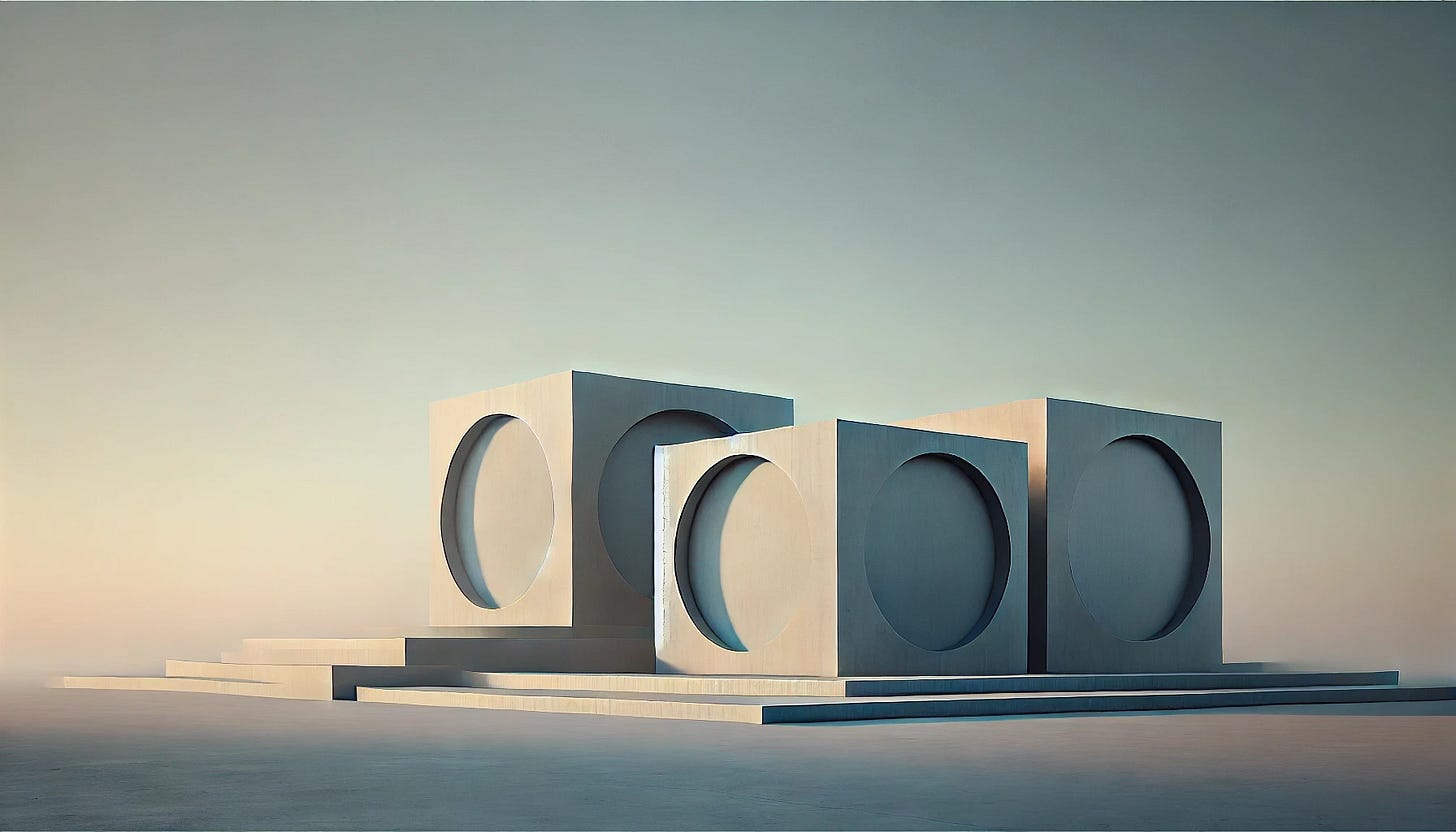 Minimalist architectural forms with circular openings set within square structures on a pale horizon, suggesting balance between movement and containment. Minimalist architectural forms with circular openings set within square structures on a pale horizon, suggesting balance between movement and containment.
