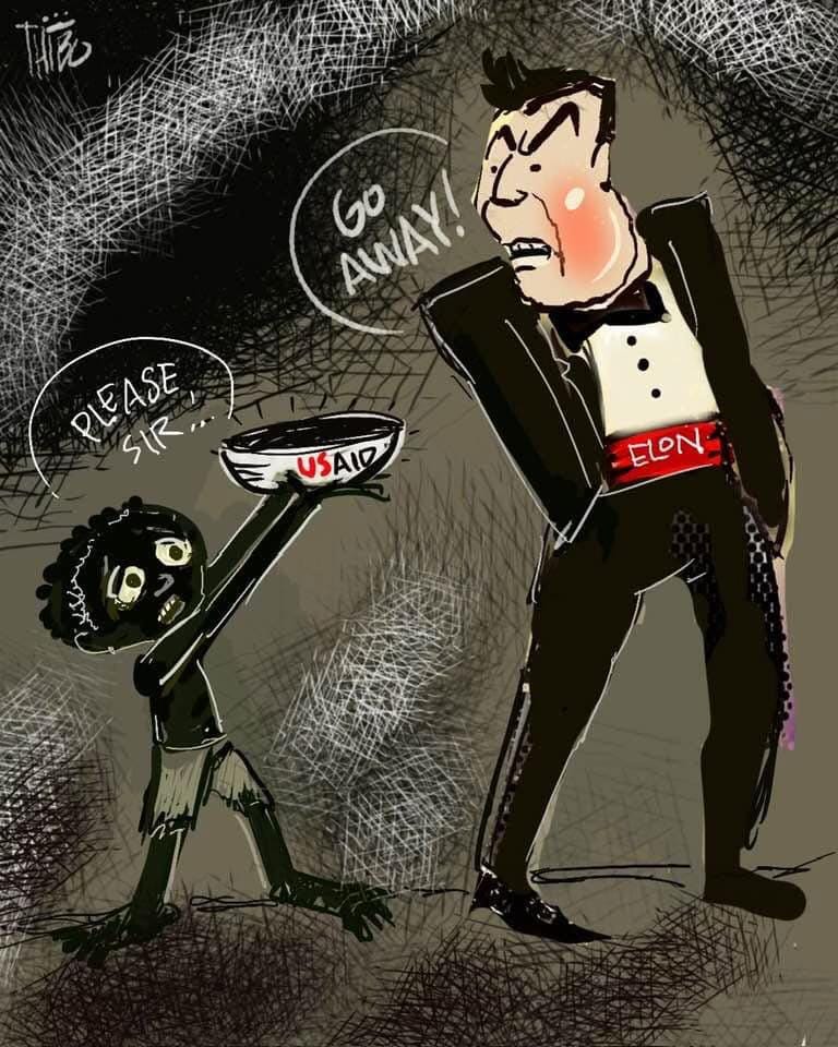 May be an image of text that says 'AWAY! Go PLEASE PLFASE SIR, USAID ELONE ELON'