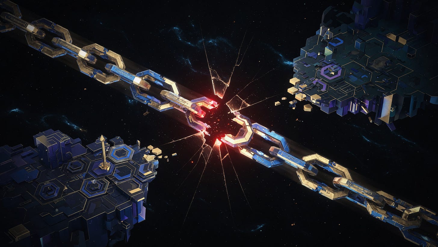 A glowing chain bridge between two floating landmasses fractures at its center link, radiating red light through the cracks, symbolizing the structural failure of cross-chain crypto bridge infrastructure. A glowing chain bridge between two floating landmasses fractures at its center link, radiating red light through the cracks, symbolizing the structural failure of cross-chain crypto bridge infrastructure.