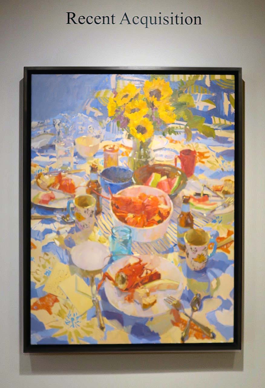 A painting of a table with food and flowers

Description automatically generated