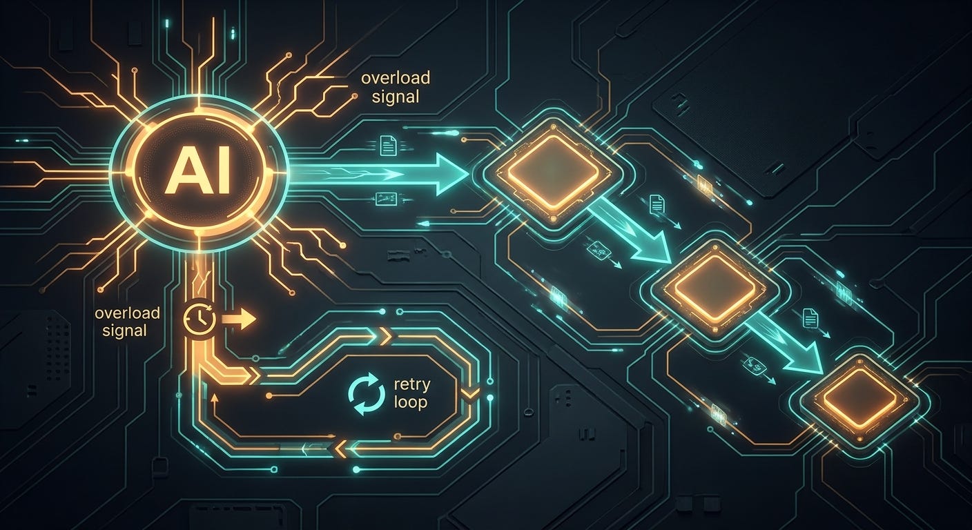 AI Agents fallback model routing: primary model node triggering amber-and-teal cascade through three alternative models, rate-limit signal routing separately to retry loop, showing availability-based versus rate-limit retry paths AI Agents fallback model routing: primary model node triggering amber-and-teal cascade through three alternative models, rate-limit signal routing separately to retry loop, showing availability-based versus rate-limit retry paths